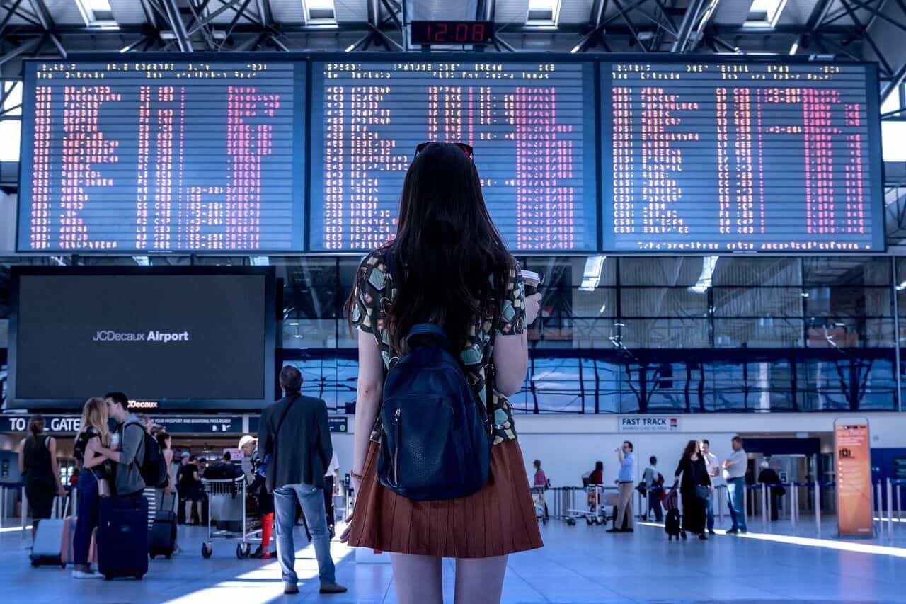 Air travel guide view of an airport terminal before a flight