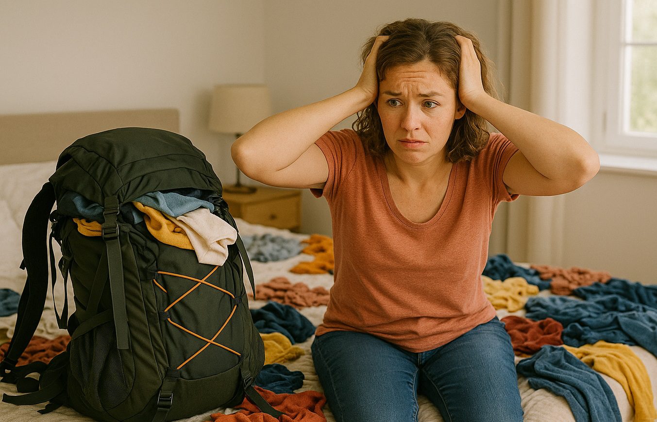 Woman sitting beside an overfilled backpack and clothes spread across a bed
