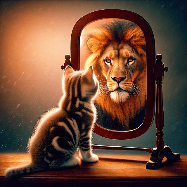 The cat that sees a lion reflection