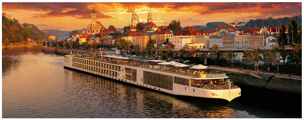 Viking River Cruises Longship sailing through a European river landscape