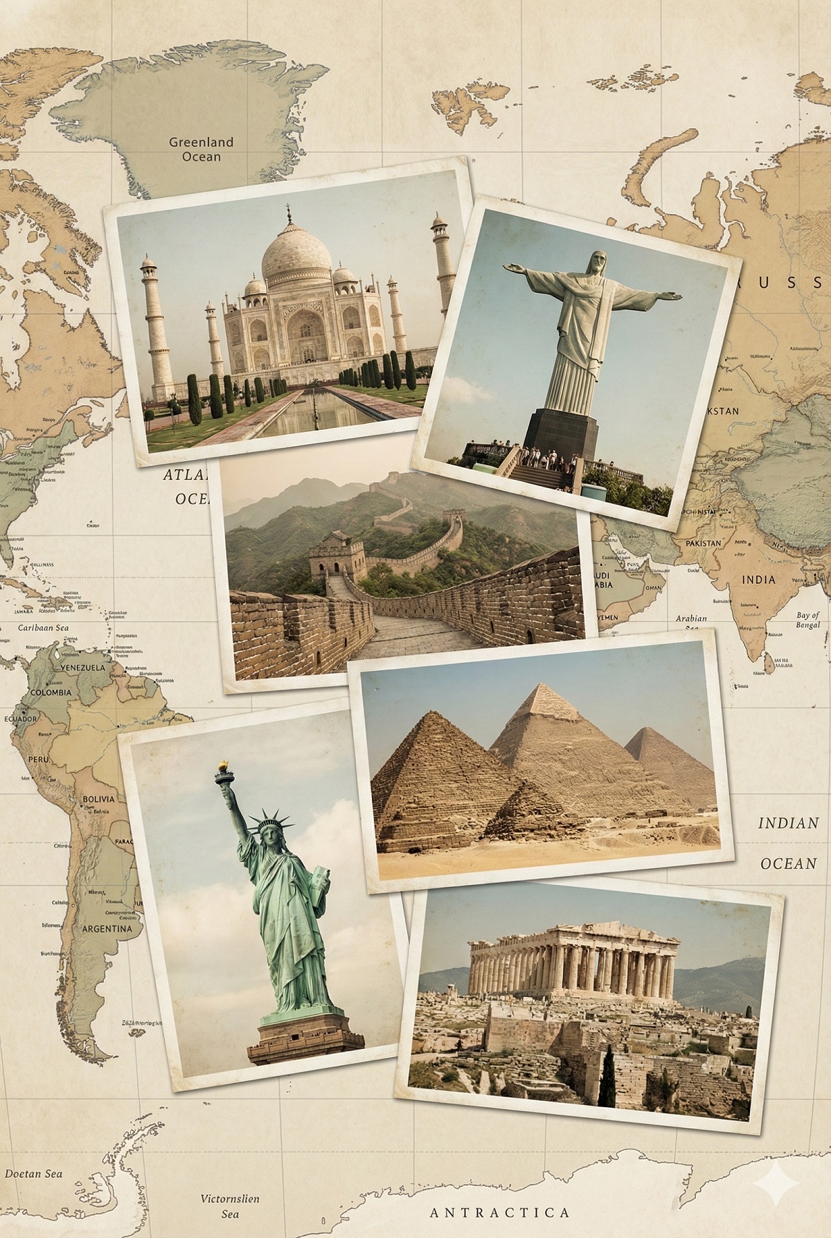 World map collage featuring famous travel destinations and landmarks