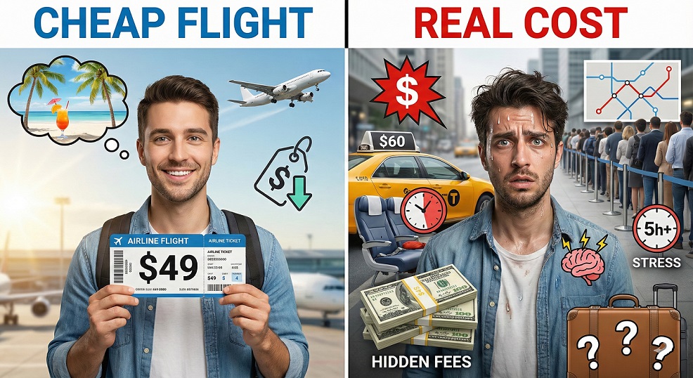 Cheap flight versus real travel cost comparison