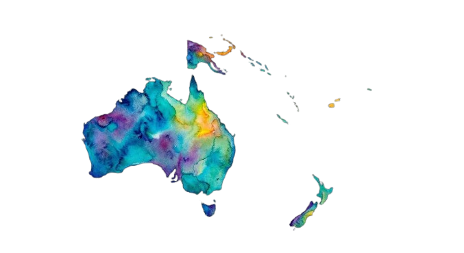 A map-style graphic of Oceania for travel orientation