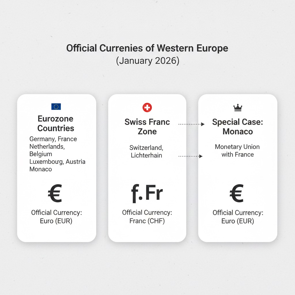 Official currencies used across Western Europe