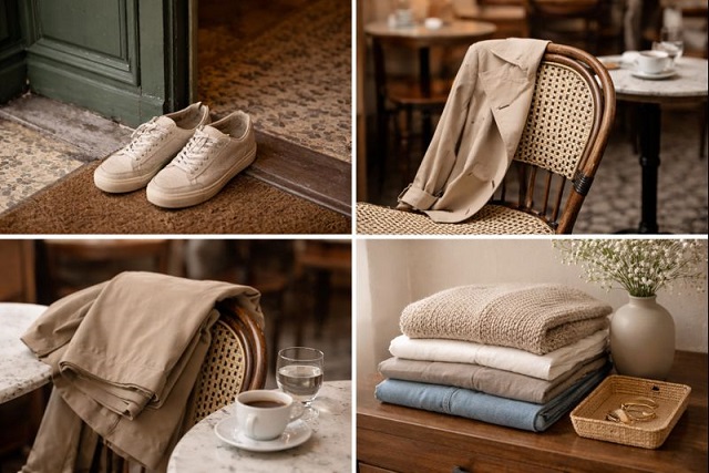 Collage of walking shoes, a light jacket and folded clothing for travel