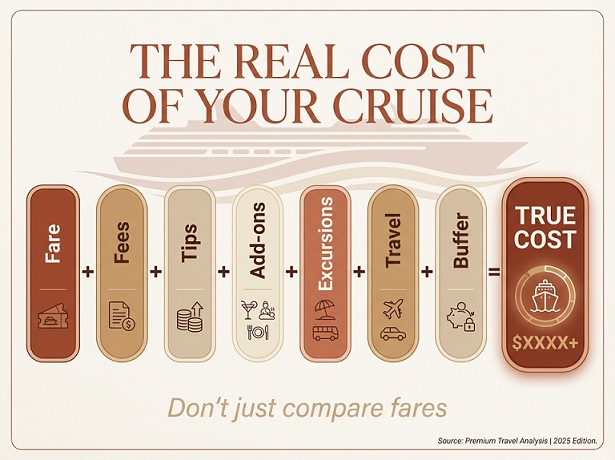 Infographic: the real cost of your cruise beyond the base fare—daily charges, add-ons, ports, and onboard habits
