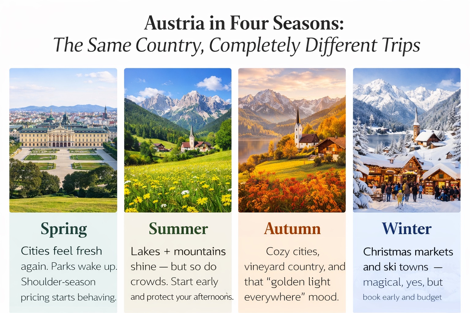 Austria in four seasons: spring city parks, summer lakes and mountains, autumn vineyards, winter markets