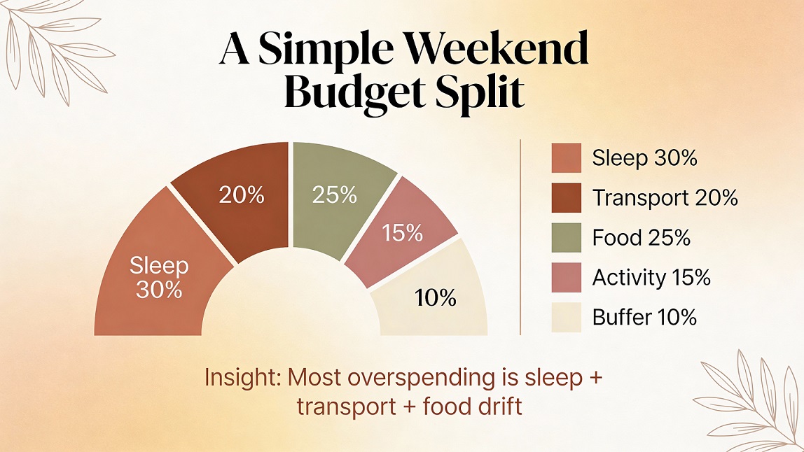 Weekend city break budget split: sleep, food, transport, activities, buffer