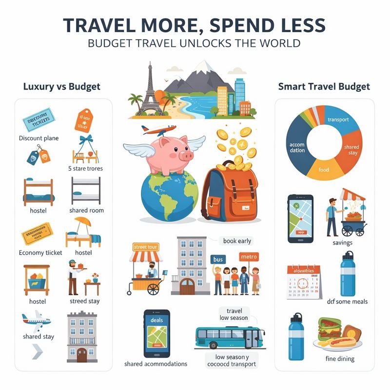Budget travel infographic showing how to travel cheap and spend less