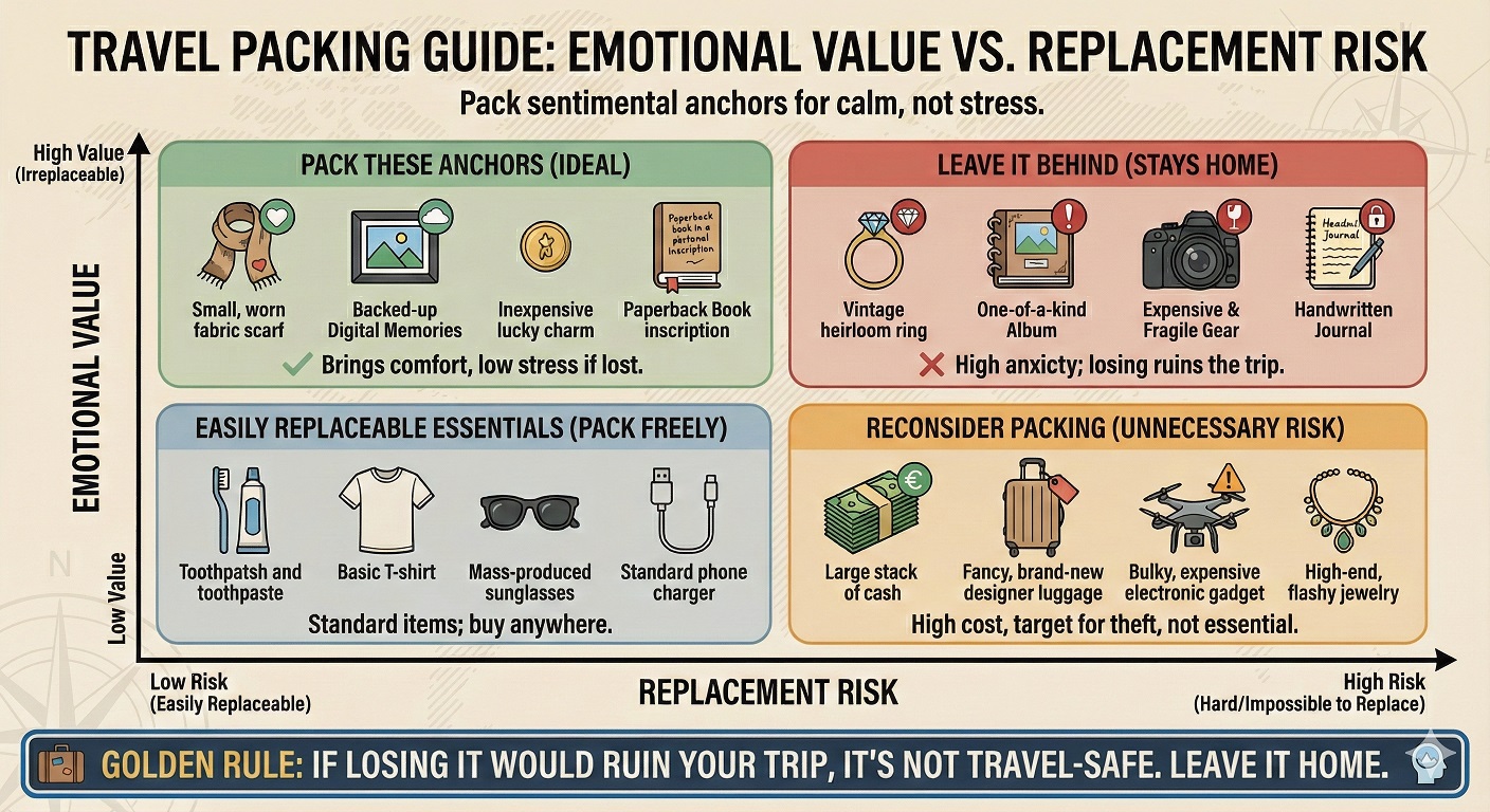 Travel packing guide graphic: emotional value vs replacement risk