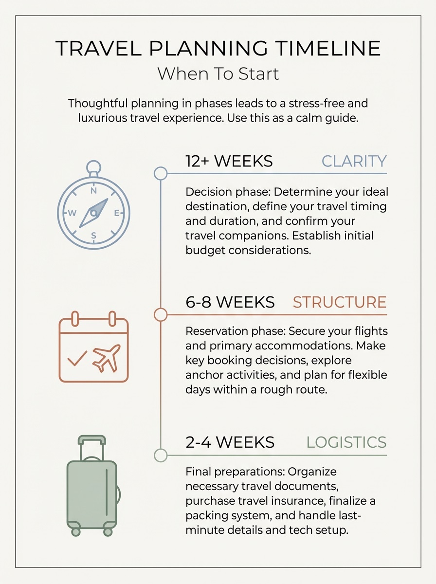Travel planning timeline poster for planning a trip in calm phases