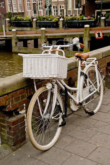 Dutch street scene in Amsterdam with bicycles and pedestrians
