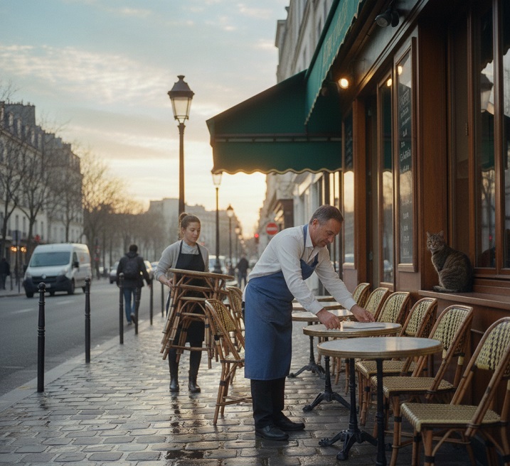 Café chairs being set out in France