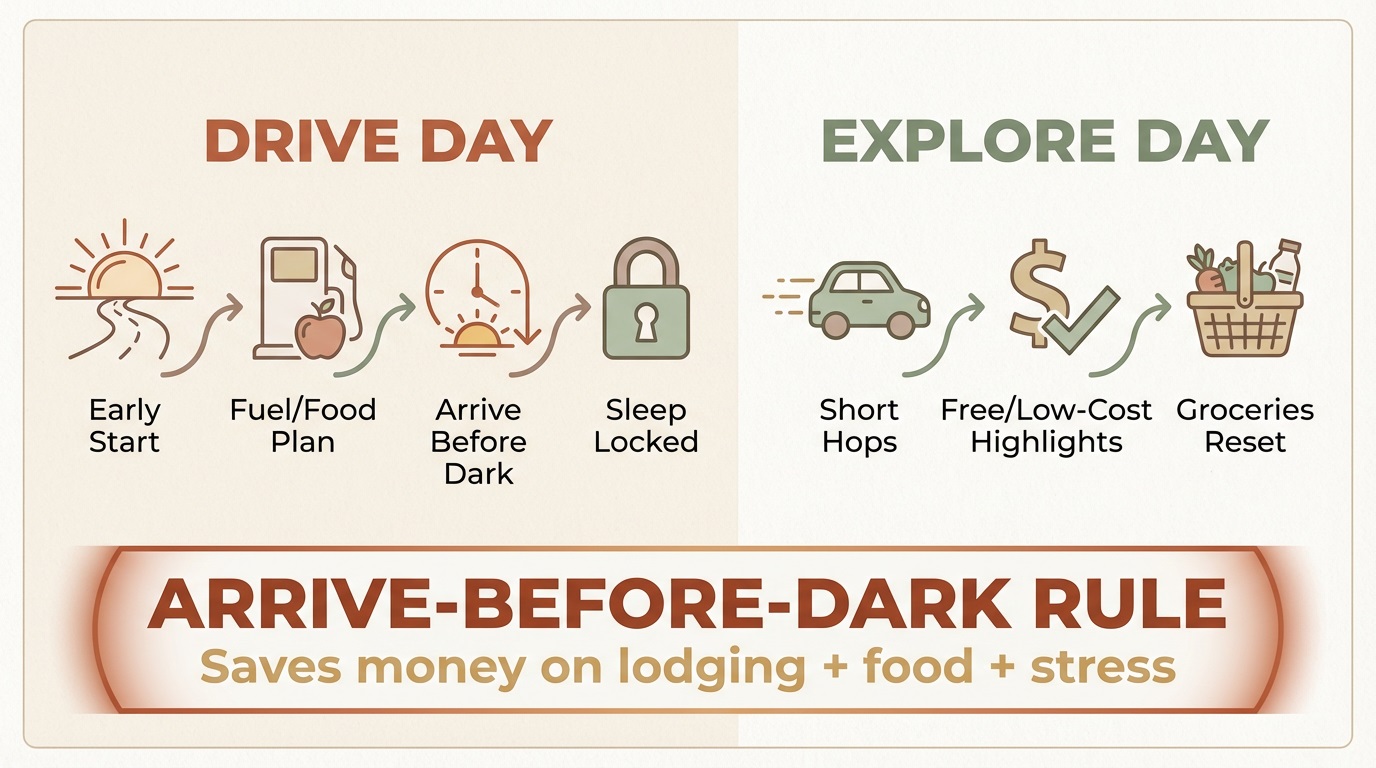 Drive Day vs Explore Day structure for a road trip on a budget