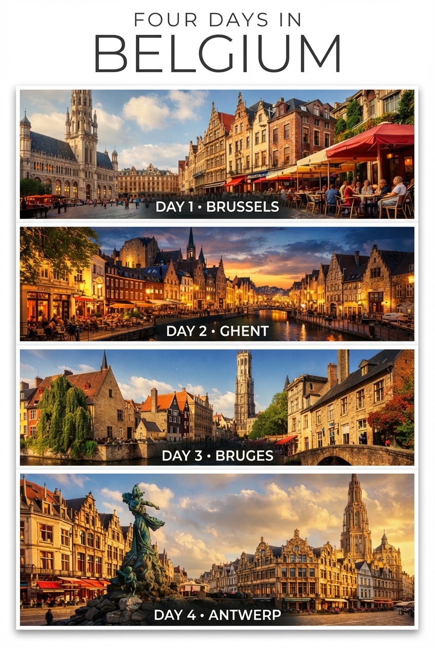 Belgium city mood with canals, architecture, and walkable streets