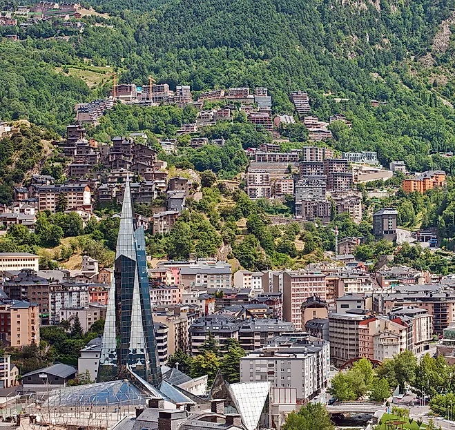 Andorra travel scene: panoramic view of Andorra la Vella nestled in the Pyrenees mountains