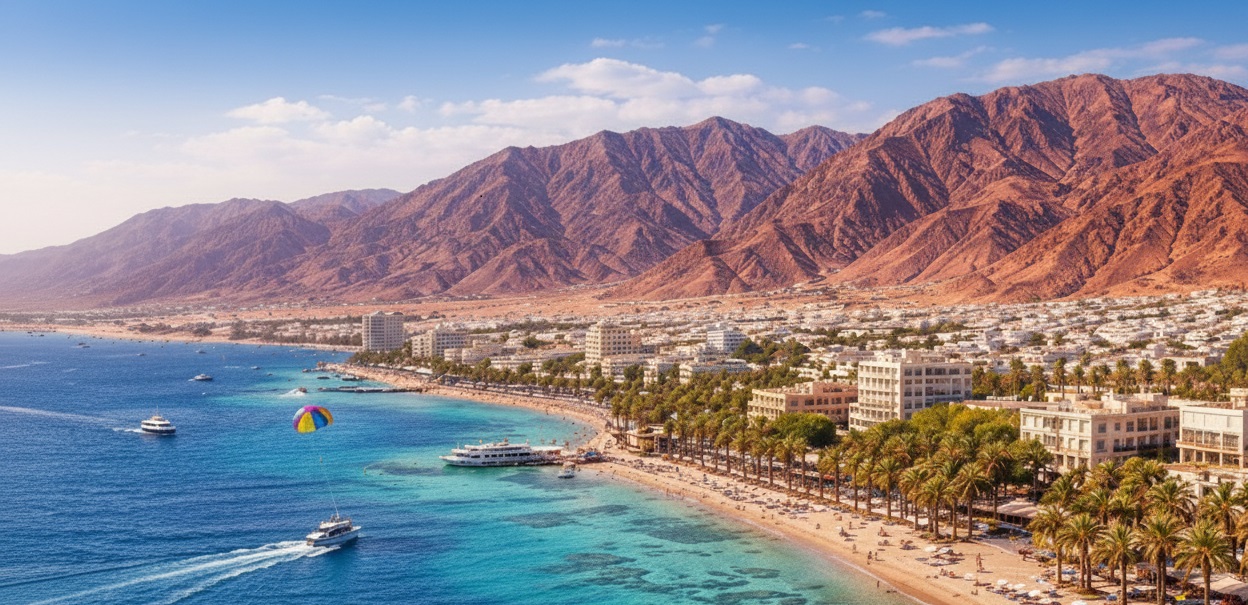 Aqaba coastline and Red Sea shore in Jordan