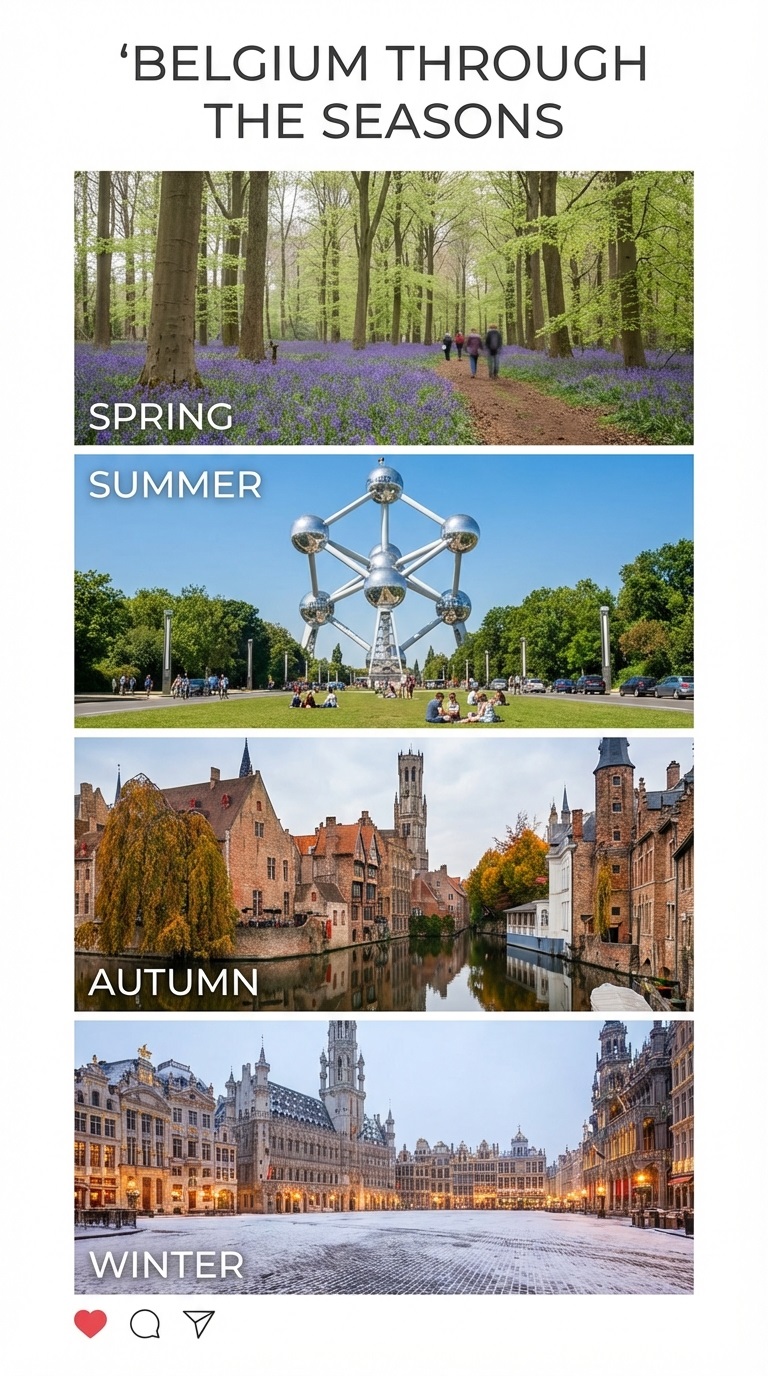 Belgium four seasons visual showing spring summer autumn and winter moods