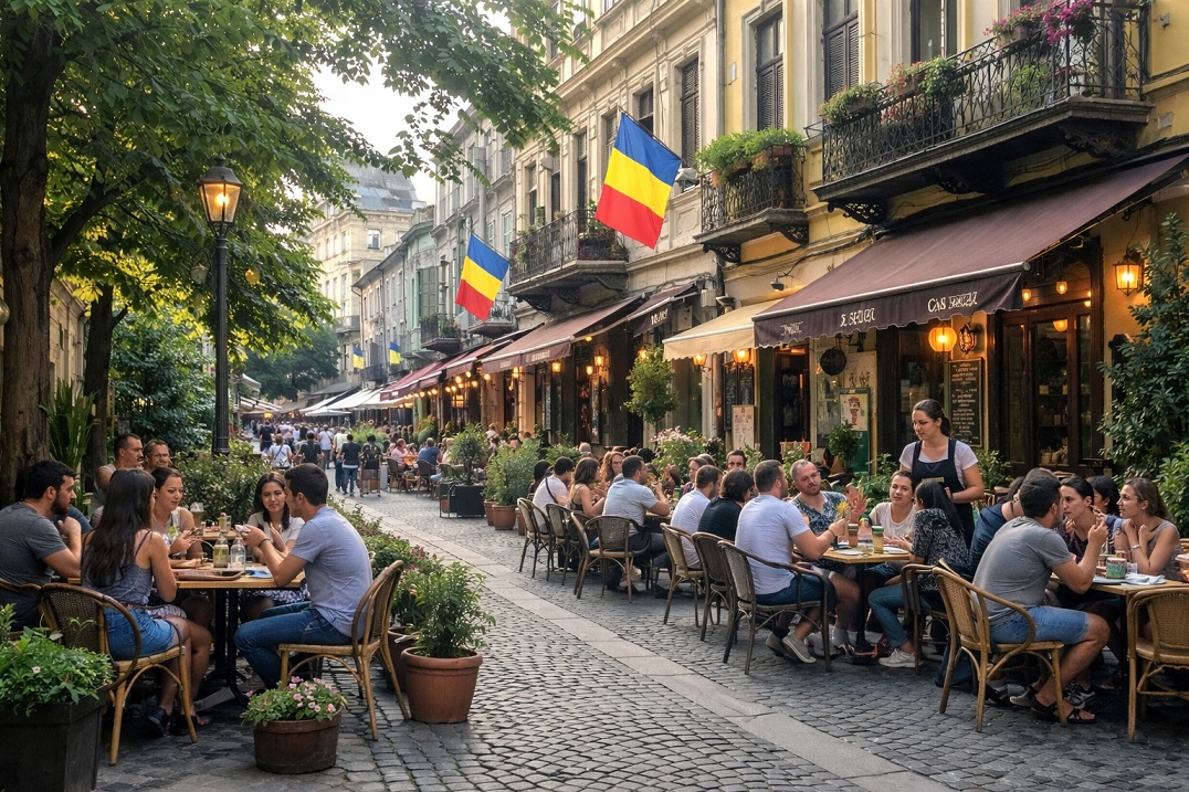 Romania: Bucharest street café life and local neighborhood atmosphere