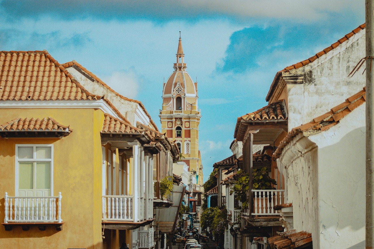 Colourful historic buildings and cathedral tower in Cartagena, Colombia