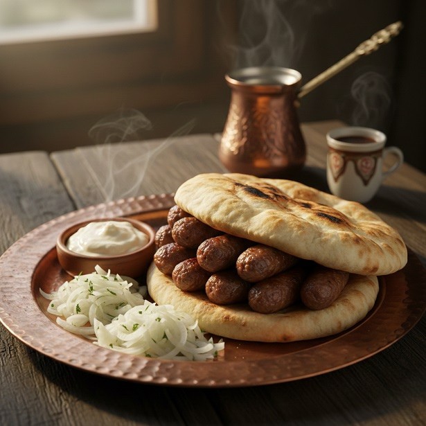 A steaming plate of Bosnian cevapi sausages in somun bread with onions and kajmak