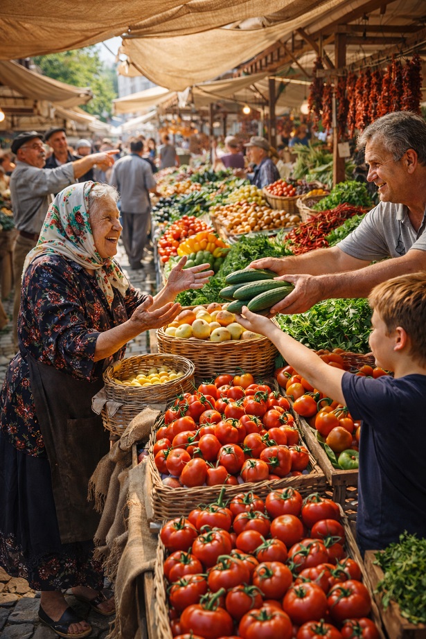 A busy Eastern European market street with locals shopping