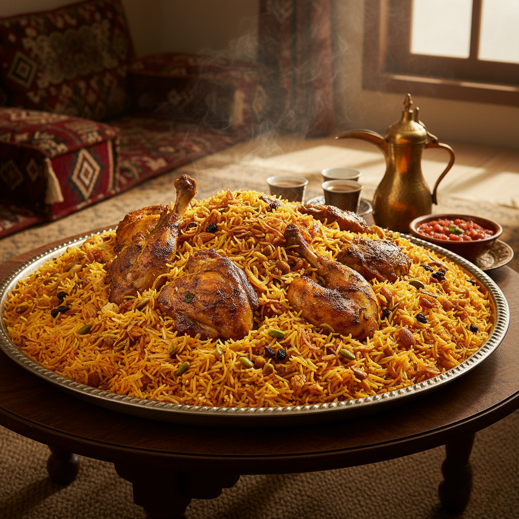 Traditional Saudi food served in a social setting