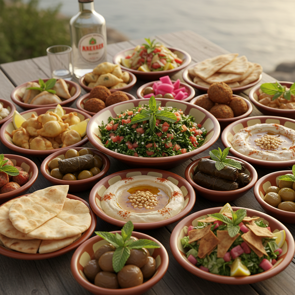 Traditional Lebanese mezze spread