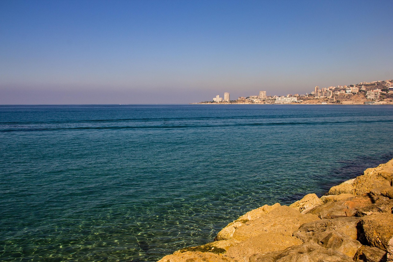 Beirut coastline and Pigeon Rocks at golden hour, Lebanon