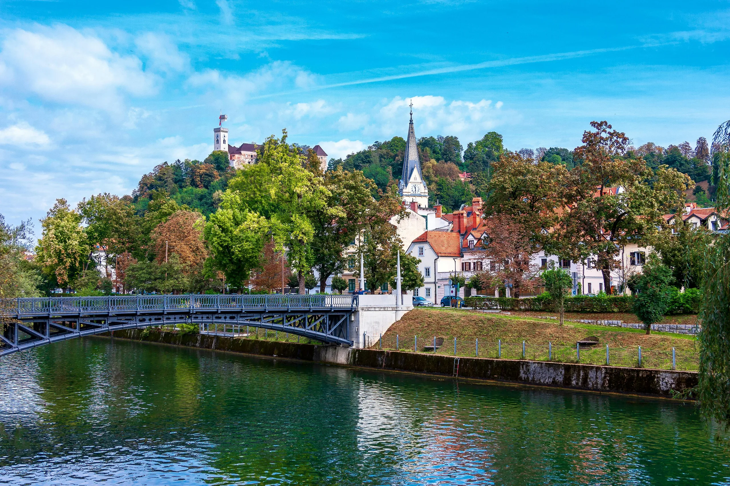 Slovenia: Ljubljana old town with colorful buildings along river