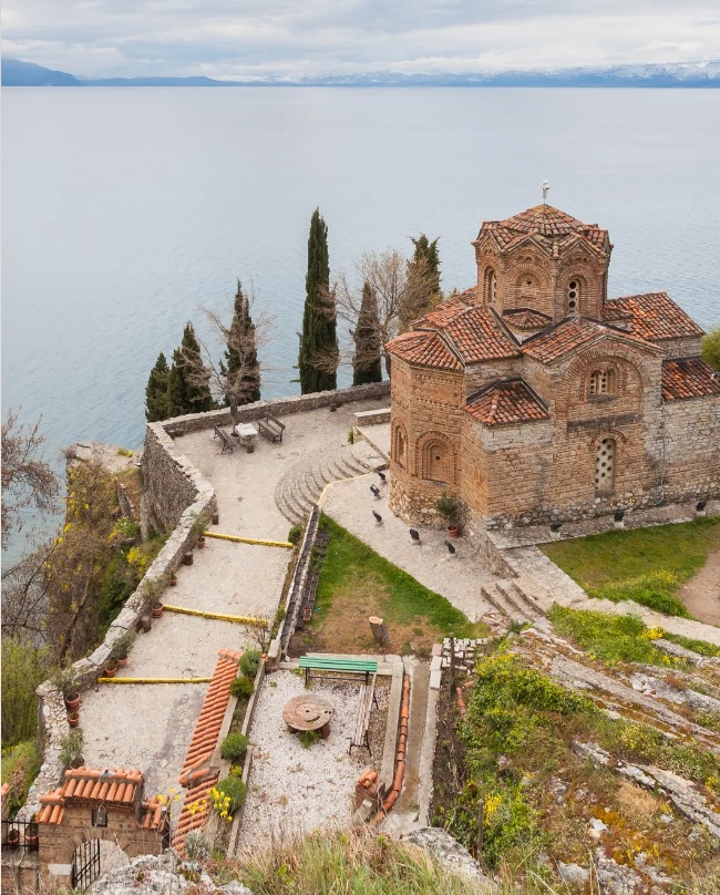 Church of St. John at Kaneo perched on a cliff over Lake Ohrid at sunset