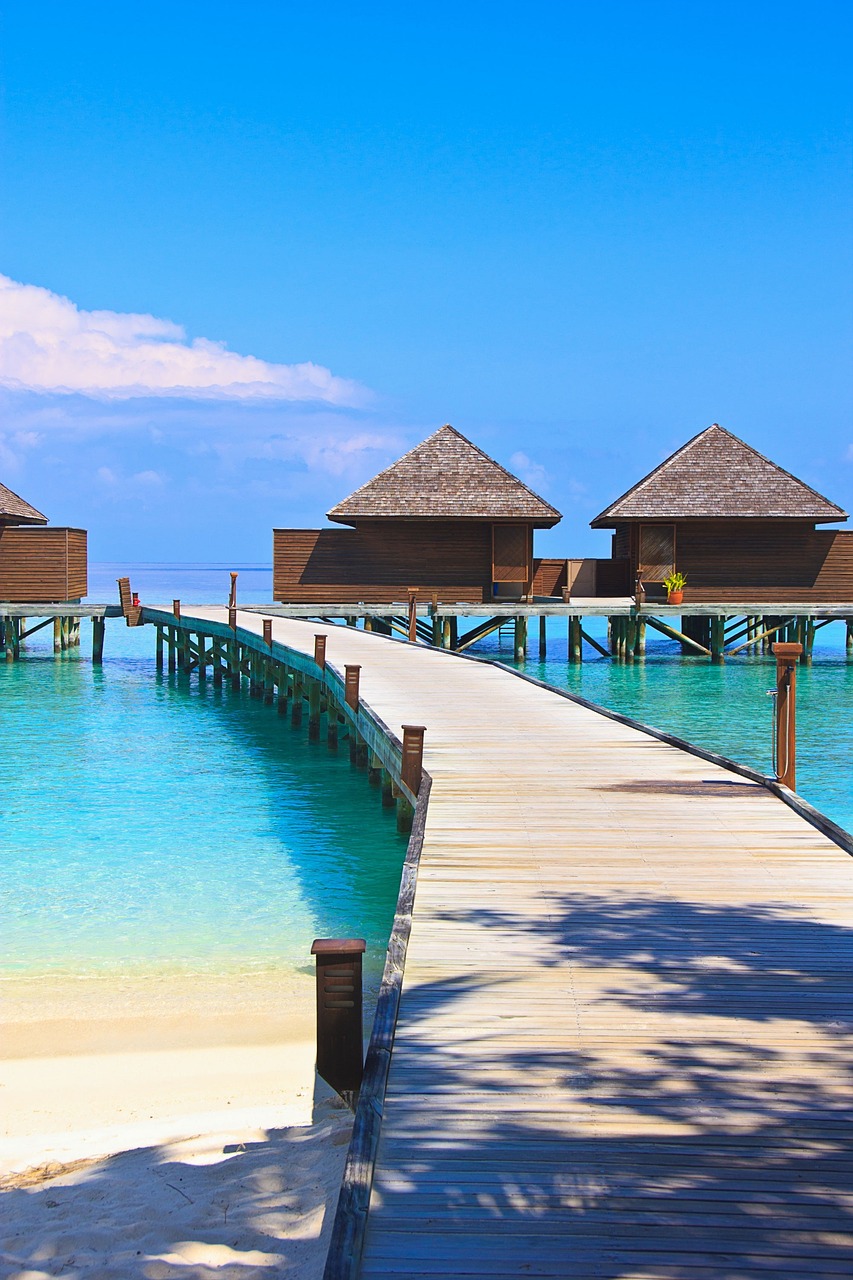 Overwater villas and turquoise lagoon in the Maldives