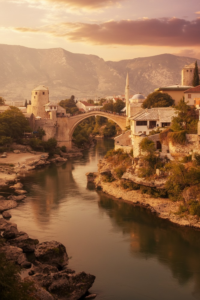 The Stari Most bridge in Mostar at sunset