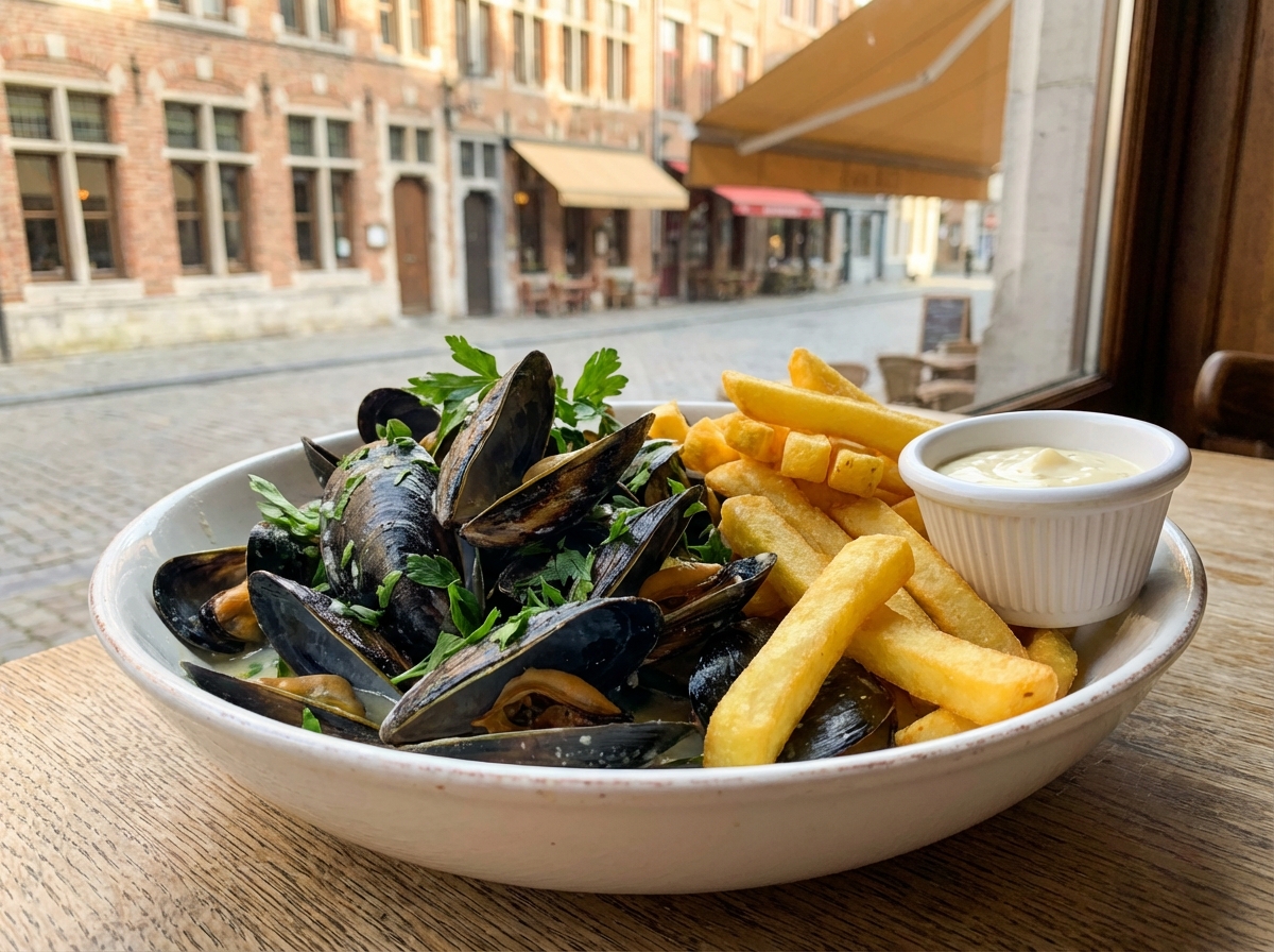 Traditional Belgian moules frites served with fries