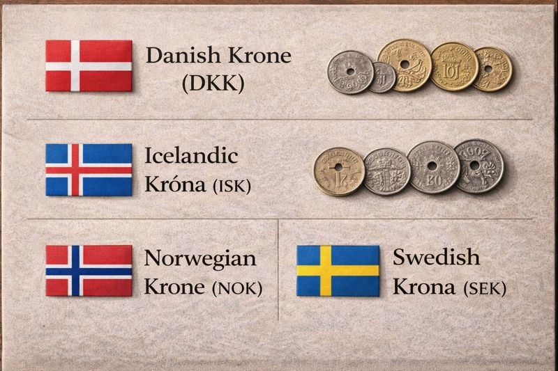 Currencies used across Northern Europe: EUR, DKK, SEK, NOK, ISK