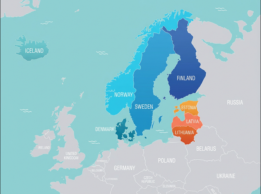 Map of Northern Europe highlighting the Nordics and Baltics