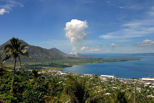 Rabaul harbor and volcanic landscape in Papua New Guinea
