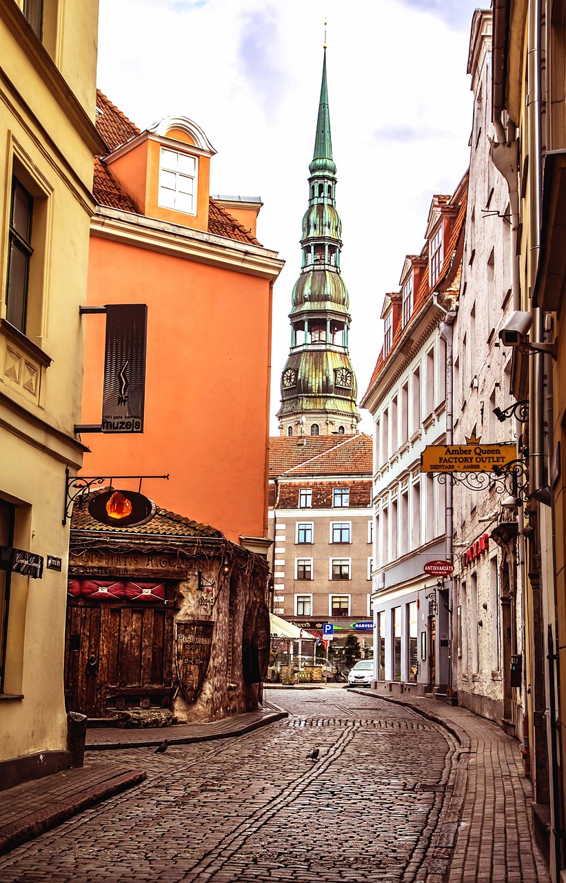 Latvia travel scene: Riga's colorful Old Town buildings and cobblestone streets