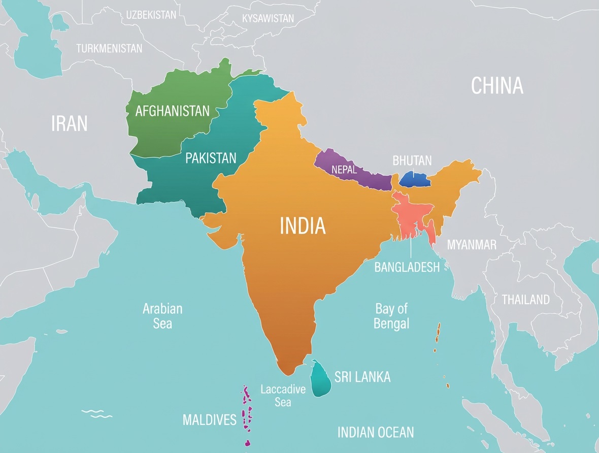 South Asia map showing Afghanistan, Bangladesh, Bhutan, India, Maldives, Nepal, Pakistan, and Sri Lanka