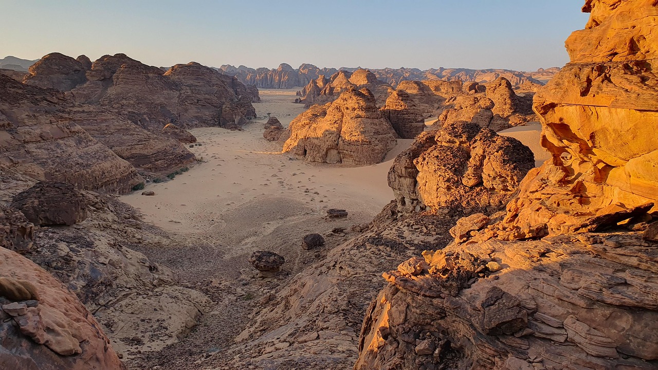 Rock formations and historic desert landscape in AlUla, Saudi Arabia