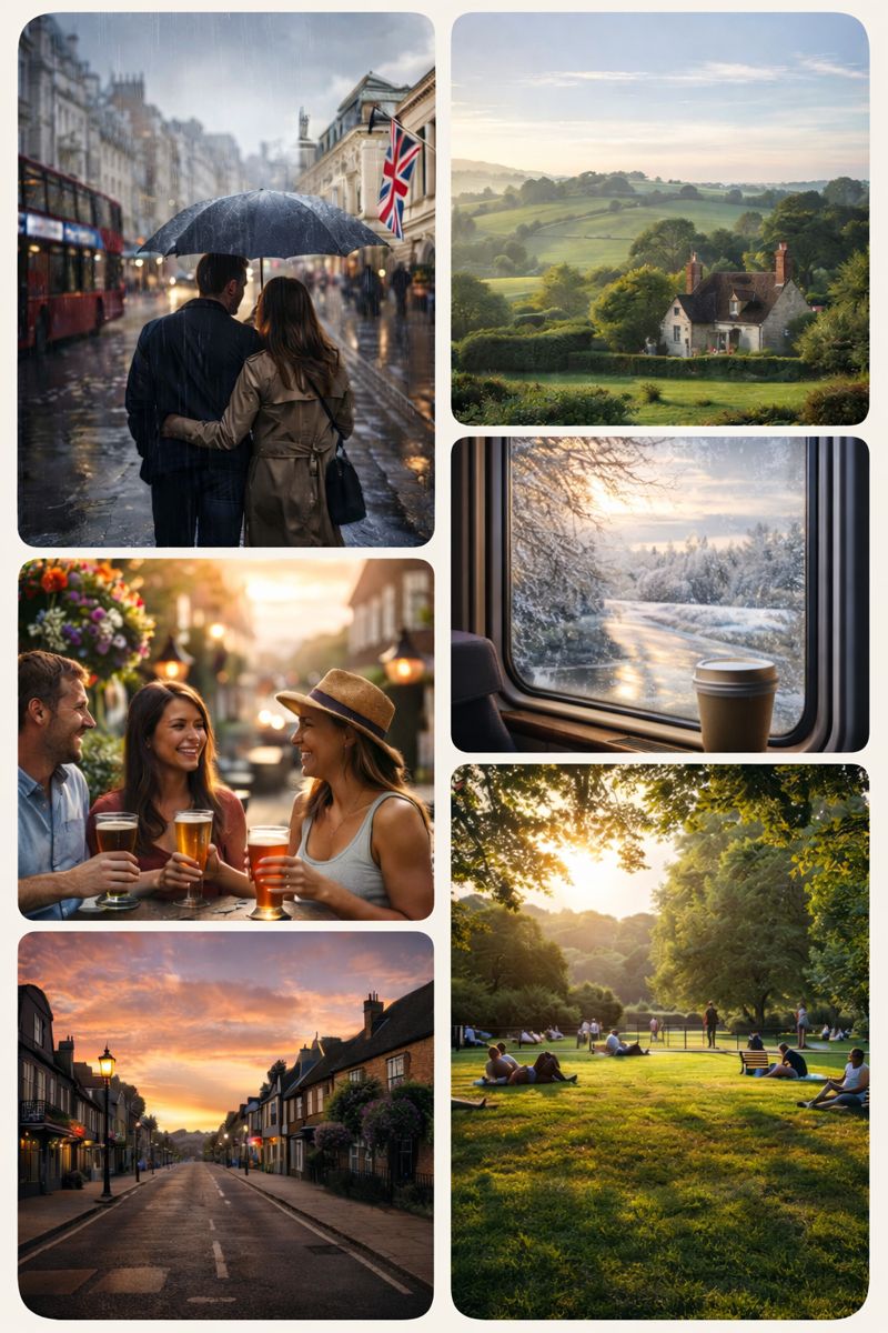 England travel collage showing iconic and everyday scenes across the country
