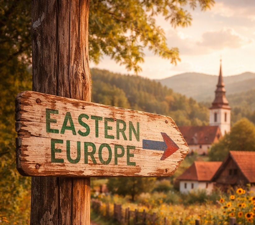 A signpost-style graphic suggesting Eastern Europe route options