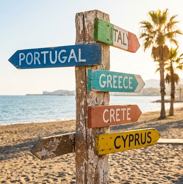 Southern Europe signpost graphic showing coastal routes and country hopping