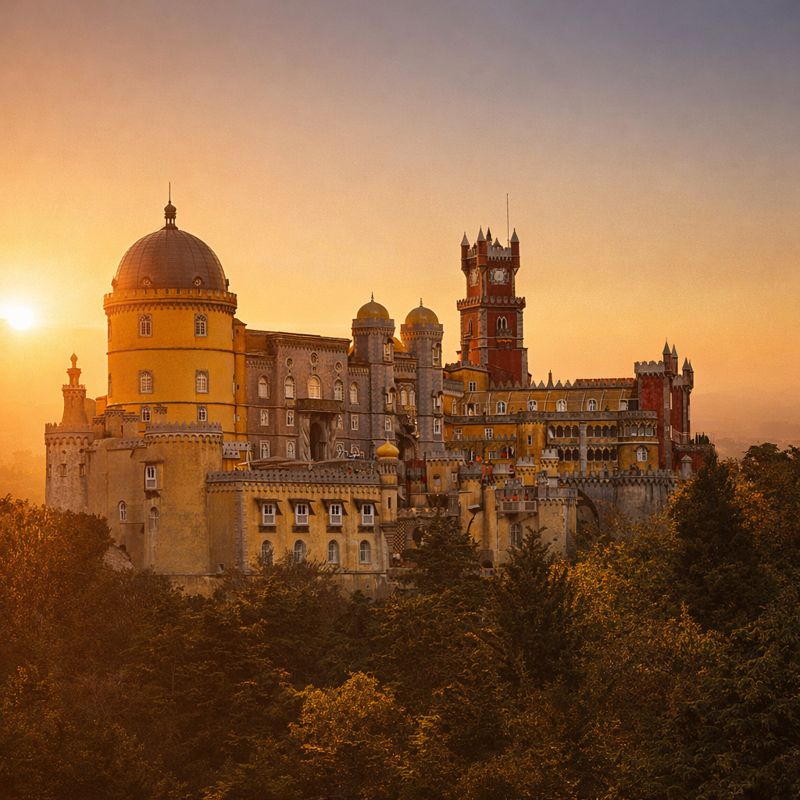 Portugal: Pena Palace in Sintra with colorful Romantic architecture on a hilltop
