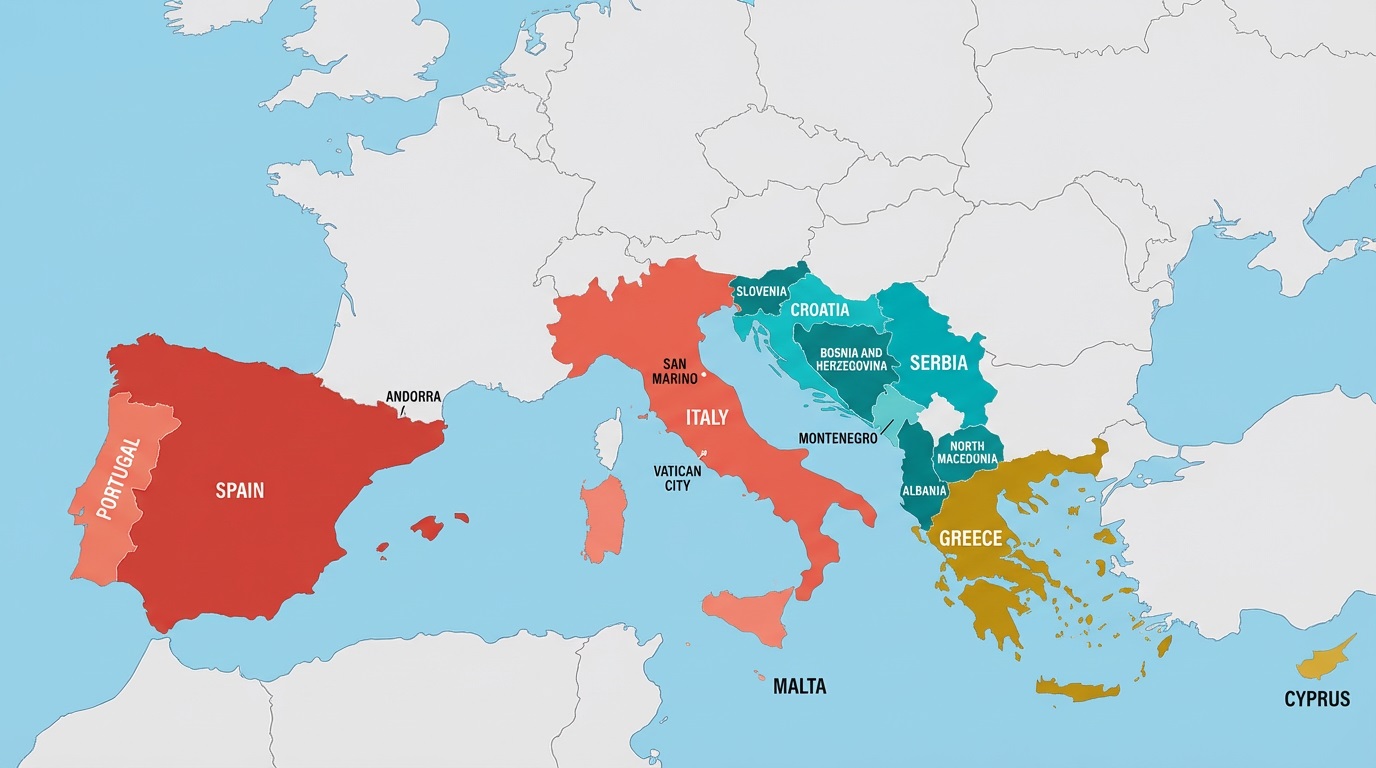 Map of Southern Europe highlighting the countries included on this hub page