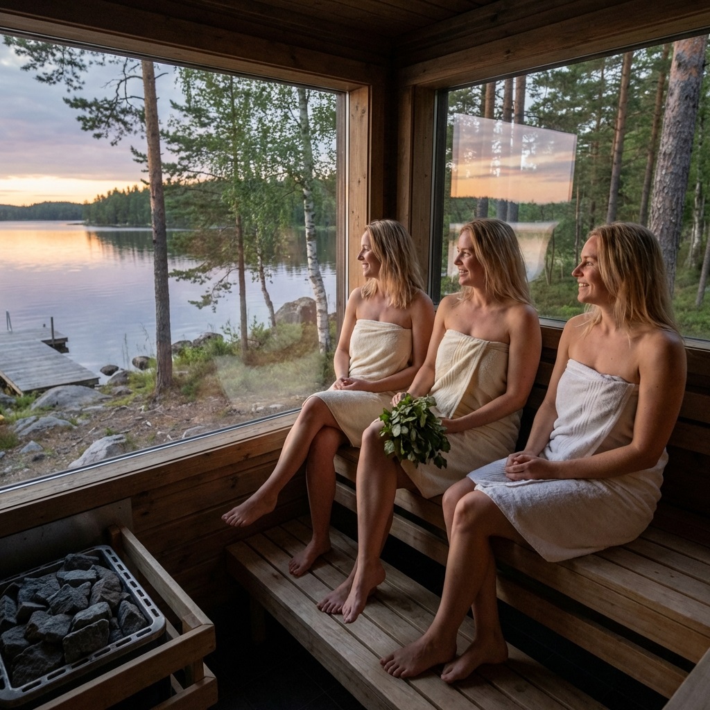 A simple sauna by a lake or coastline in Northern Europe