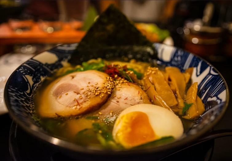 Traditional Japanese ramen bowl with toppings
