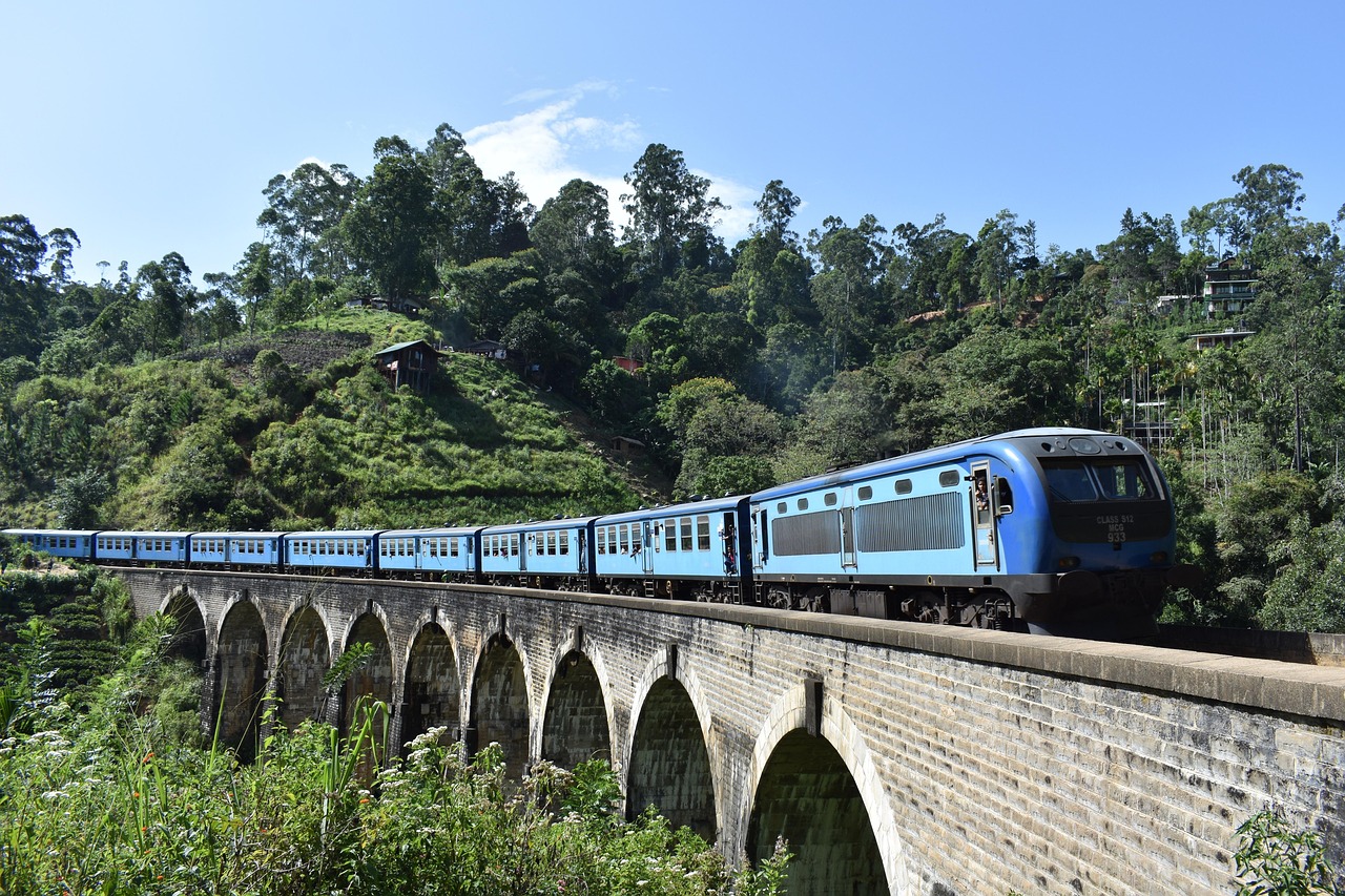 Train route through green highlands in Sri Lanka
