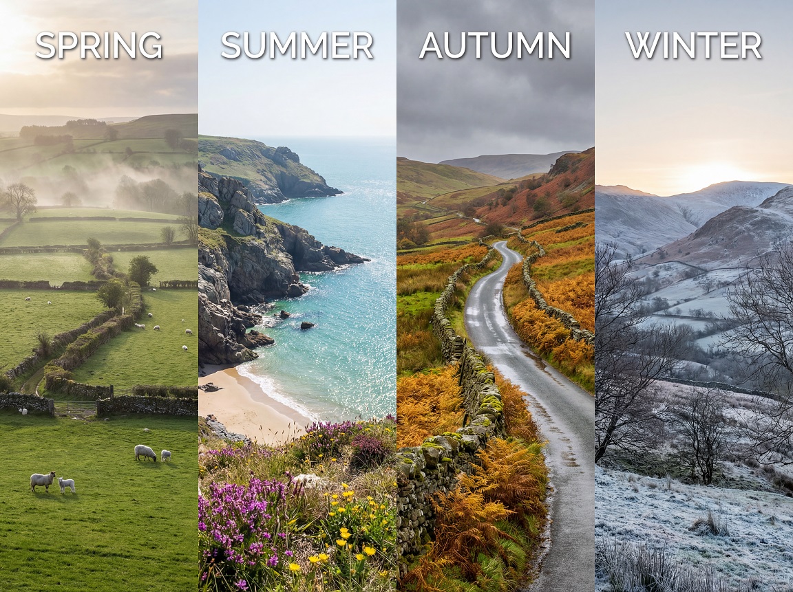 Wales in four seasons: spring daffodils and lambs, summer coast days, autumn forests and waterfalls, winter storms and cozy towns