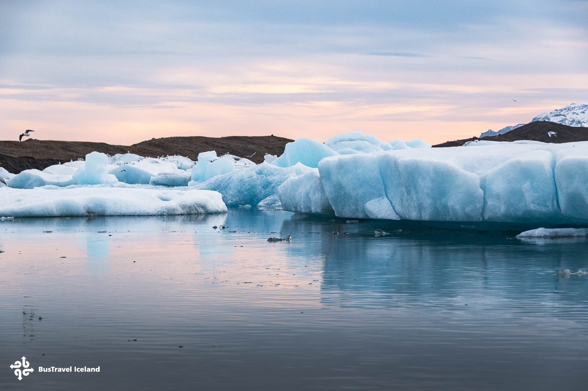 Iceland: Jökulsárlón glacier lagoon with icebergs and dramatic coastal scenery